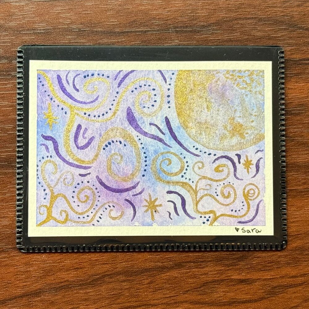 Art Watercolor Magnet Moon and Swirls Handmade
